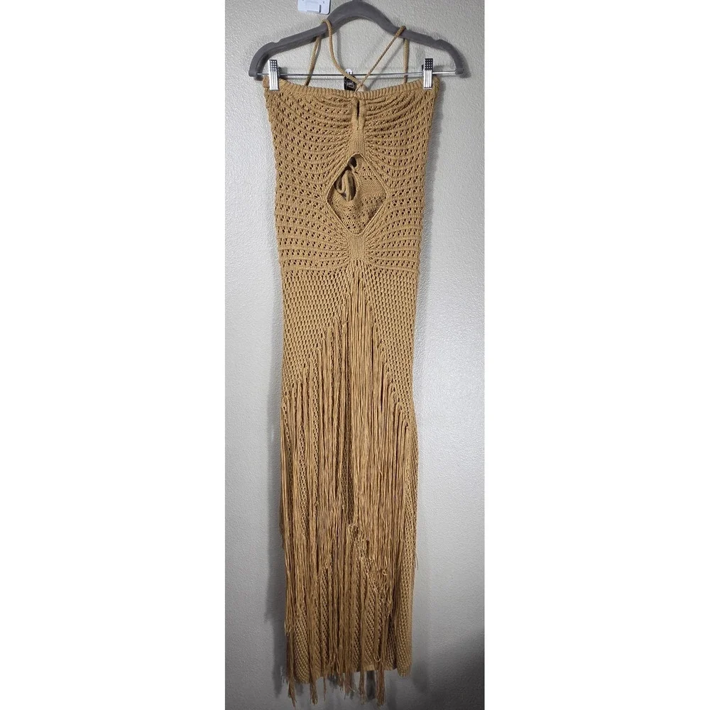 boho crochet fringe maxi dress M tan cutout lace up back resort